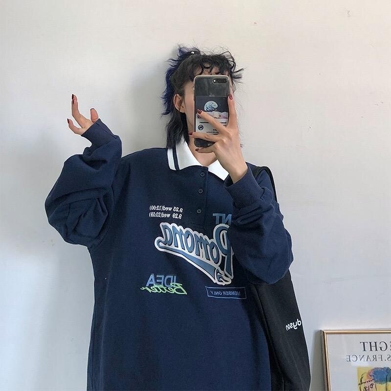 Vintage Polo Collar Oversized Hoodies Women Korean Trendy Autumn Letter Print Sweatshirt Loose Harajuku Top Long Sleeve: Navy Blue / S