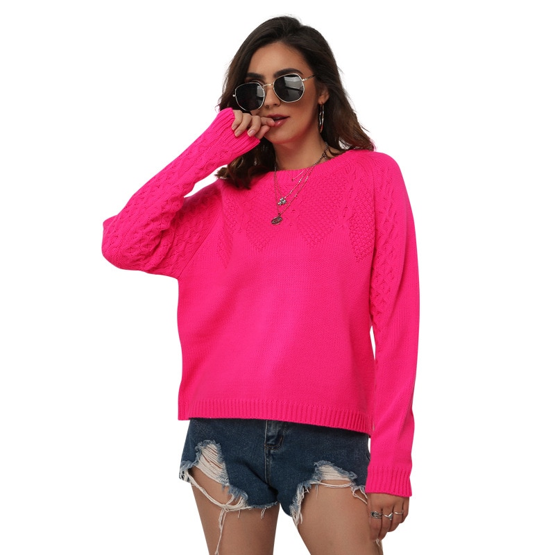 Pull fluo à col roulé pour femme, à manches longues, ample, tricoté, couleur Fuchsia
