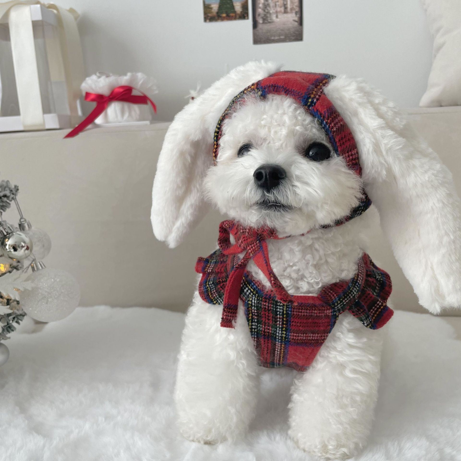 Wollen Plaid Huisdier Pak Rode Retro Bunny Oren Jarretel Jurk Voor Teddy Warm Schattige Comfortabele Hond Kleding Ropa Perro Pequeño