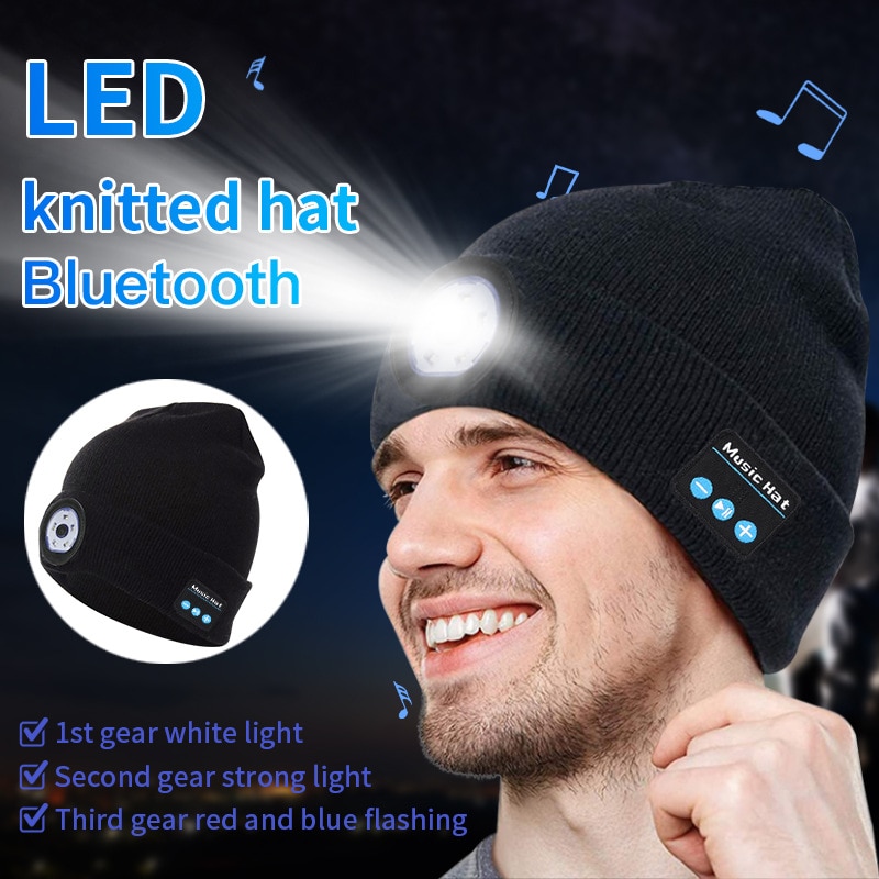 Bluetooth Beanie Hoed Met Led Koplamp Verlichte Beanie Cap Oplaadbare Met Draadloze Bluetooth Winter Warm Muts BV7