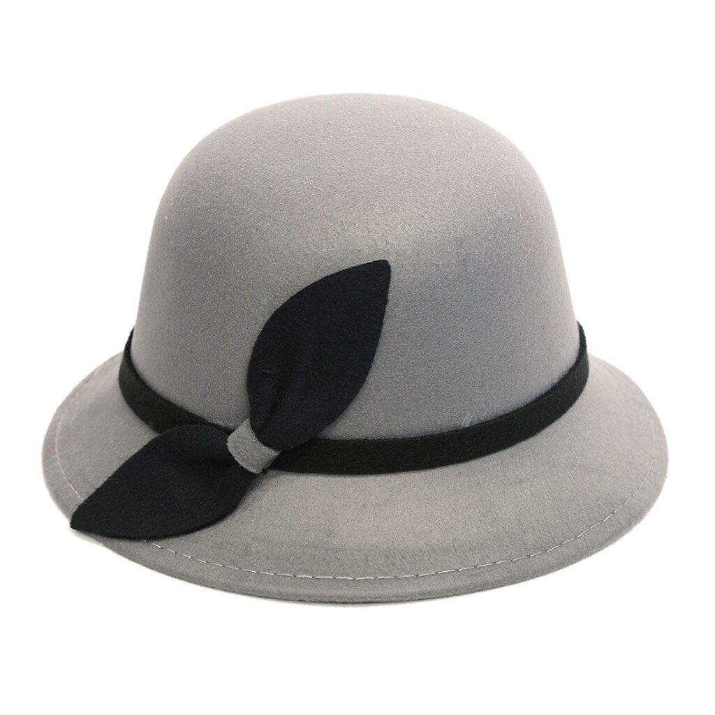 Hoeden Mode TopHat verkoop Fedora Chapeau Sombrero Mujer Vrouwen Faux Wol Emmer Hoeden Mode Bowler Cap Met Strik: Grijs