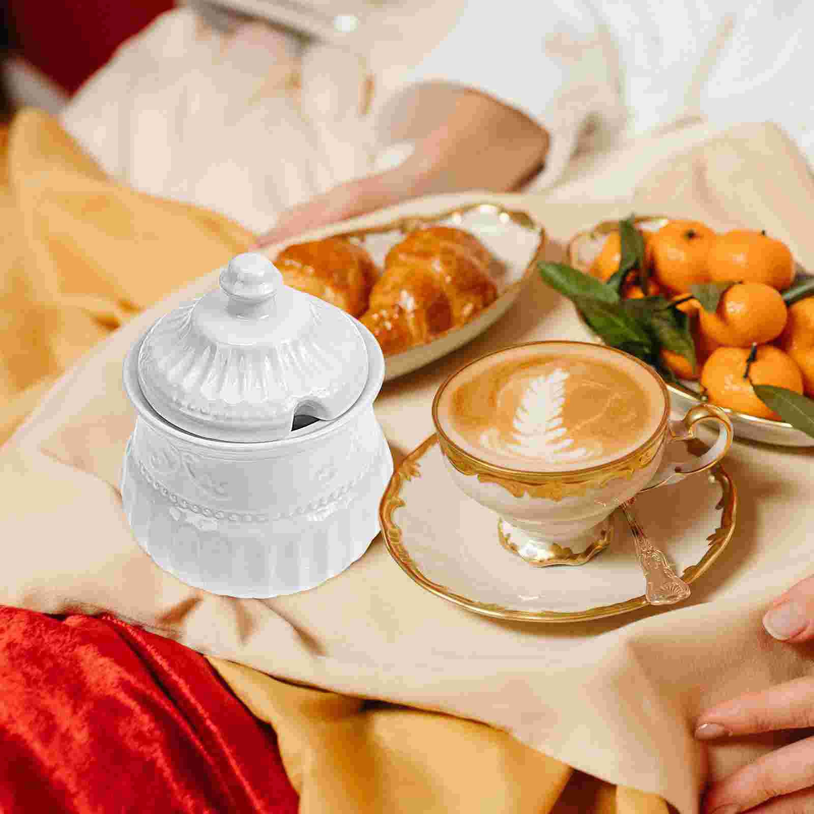 Embossed Ceramic Sugar Cube Jar Delicate Sugar Jar Coffee Shop Sugar Holder