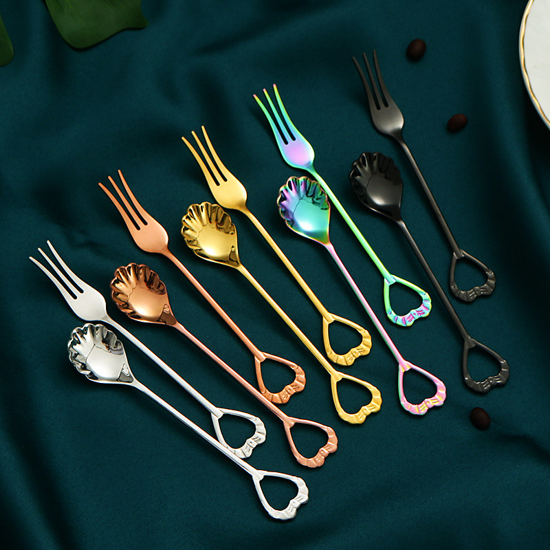 6pcs Shell Shape Spoon Fork Set Gold Stainless Steel Luxury Dinnerware Cake Afternoon Tea Dessert Tableware Silverware Kitchen