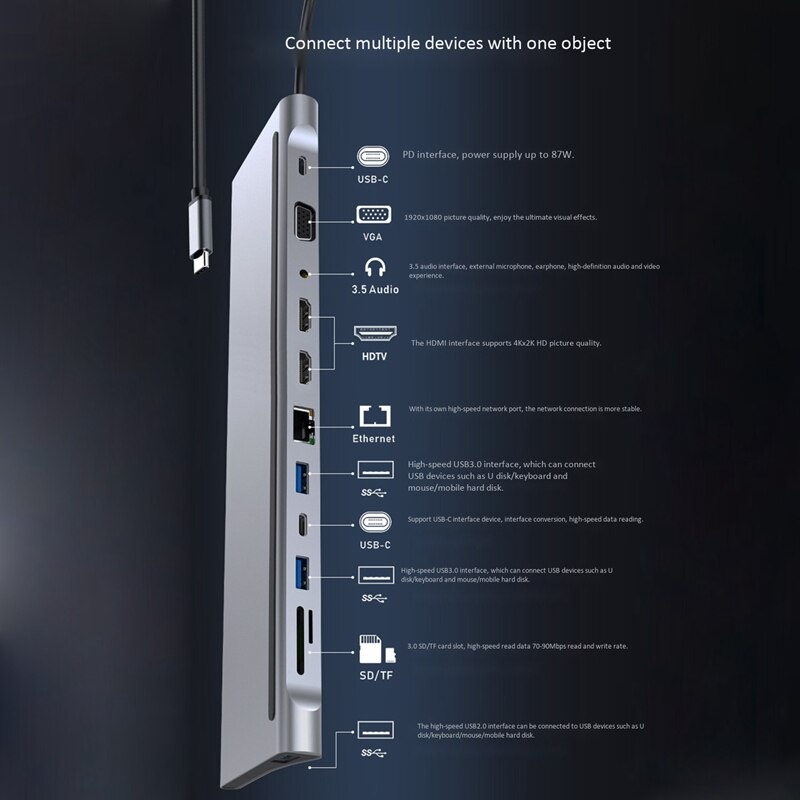 12 in 1 stabil mst multi sn notebook dock type c til hdmi + vga + usb hub dual hdmi