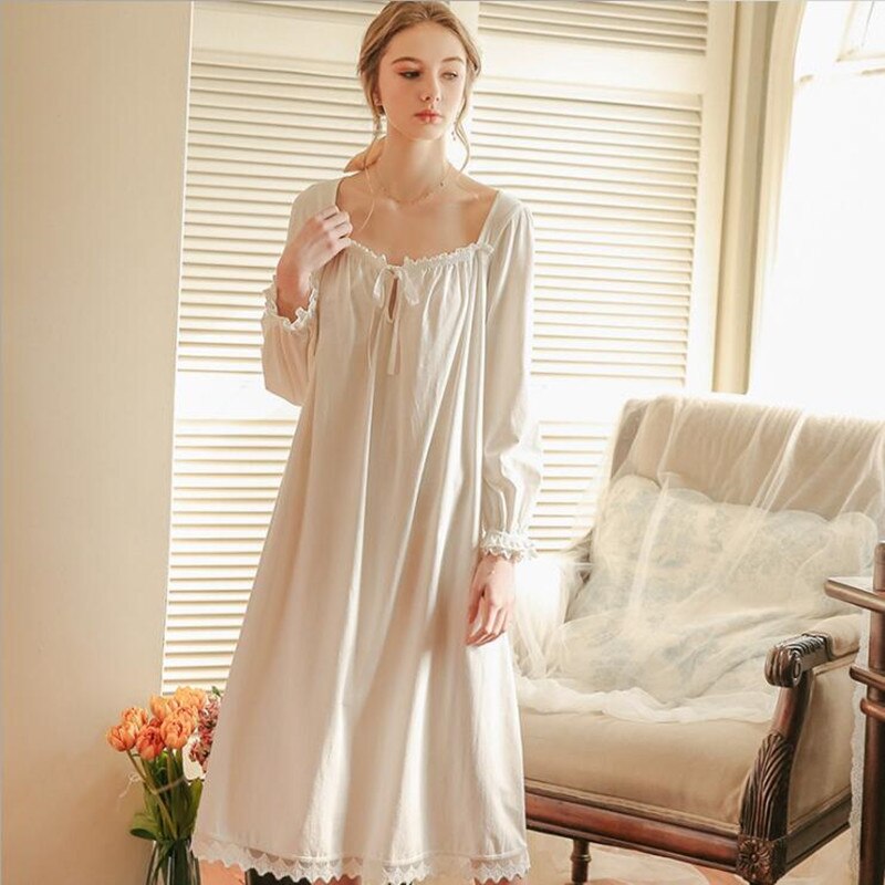 Women White Nightgown Sleepwear Lady Spring Autumn Long Sleeve Nightdress Loose Princess Nightgowns Comfortable Pure Cotton