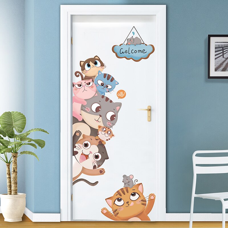 [Shijuekongjian] Cartoon Katten Muurstickers Diy Dieren Muurstickers Voor Kinderkamer Baby Slaapkamer Woonkamer Deur Thuis decoratie