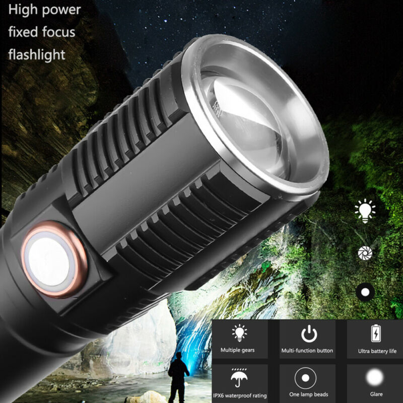 Portable T6 LED Flashlight Torch USB Rechargeable Waterproof Lamp Ultra Bright 3 Modes Dimming 60000LM