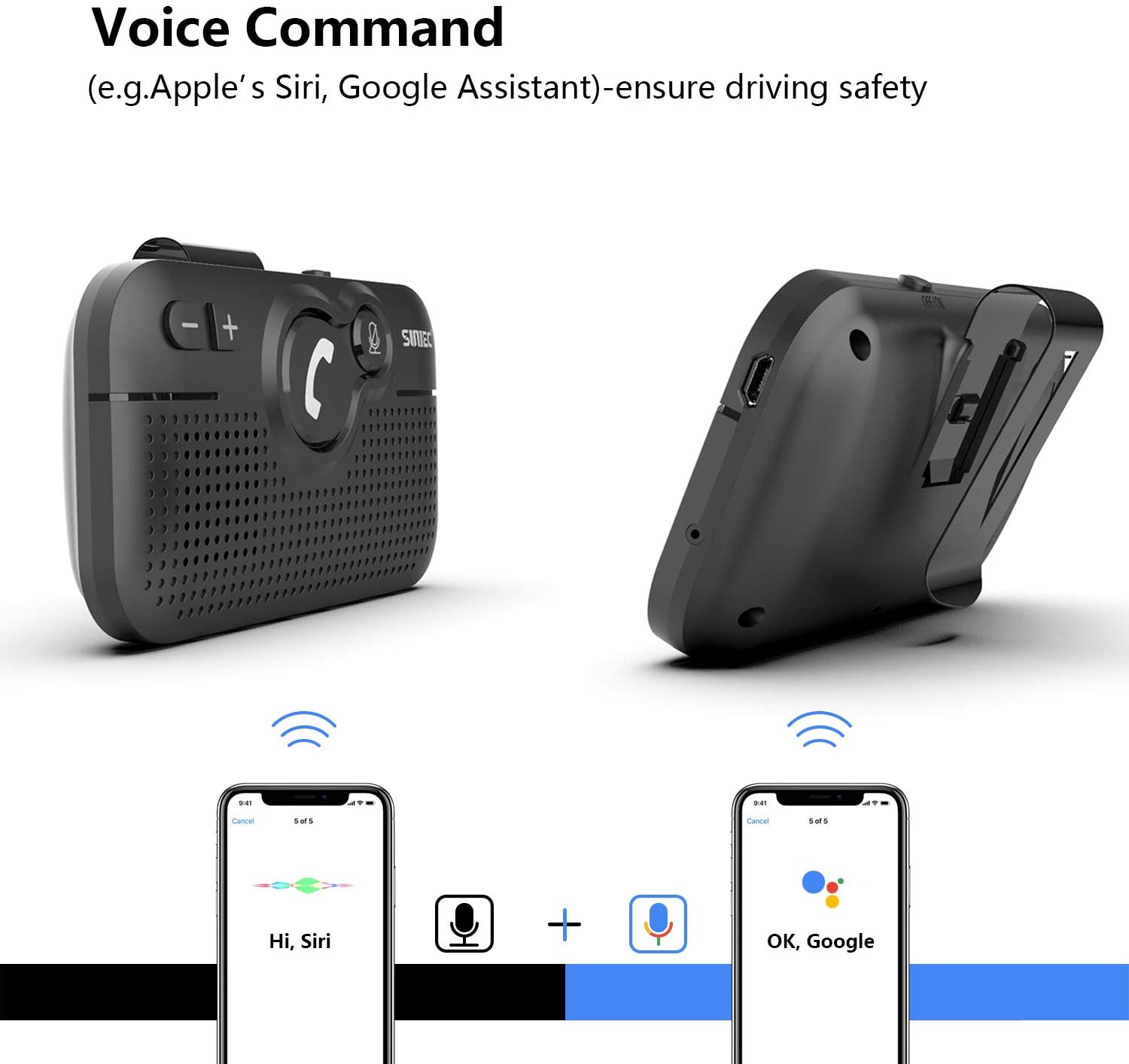 Sunitec håndfri trådløse bluetooth bilsæt til telefon - bluetooth 5.0 højttalertelefon automatisk tændt med bevægelsessensor