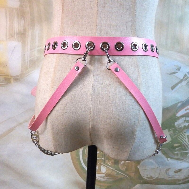 SUOSDEY Punkriem voor dames en heren, modieuze leren riem met dubbele gaten, voor broeken, jurken, jeansriem, A: Zwart met metalen ketting, S 105cm:Für Hosengröße 68cm-90cm