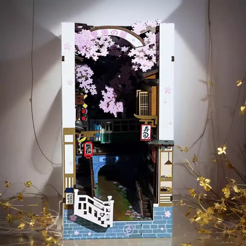 DIY Holz Buch Winkel Regal Einsatz Bausätze Miniatur Kirschblüte Buchstützen Japanische Puppe HäNutzer Spielzeug Bücherregal Wohnkultur