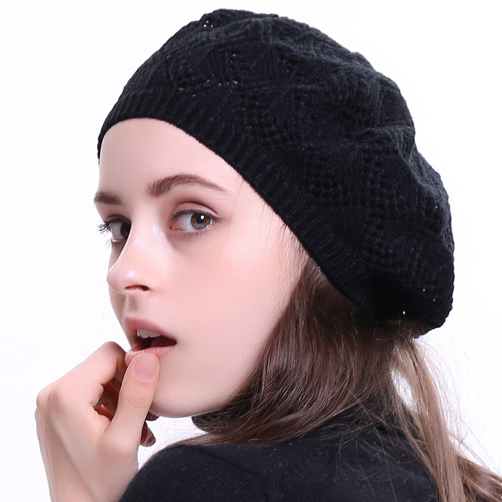 Geebro kvinders almindelig farve strikket åndbar beret hat afslappet tynde akryl baretter til damer fransk kunstner beret hatte