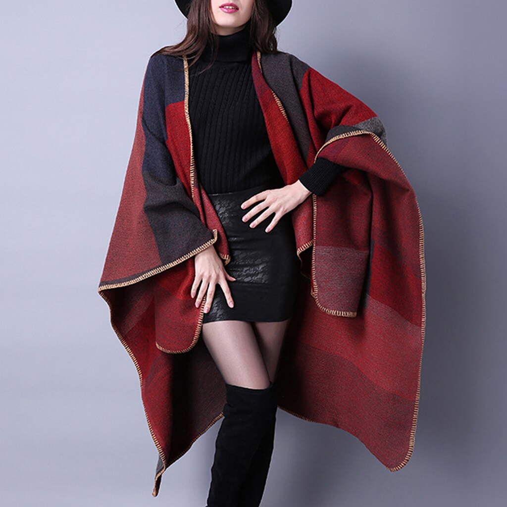 Feminino xadrez cor bloco xale envoltório frente aberta poncho cape cardigan presente de natal malha camisola casaco para o inverno natal feriado: Vermelho