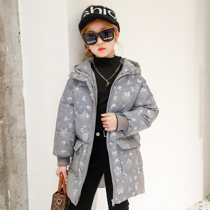 Chaqueta reflectante luminosa de algodón para niños y niñas, Parkas con estampado de mariposa, ropa con capucha, 4-14 años, Invierno