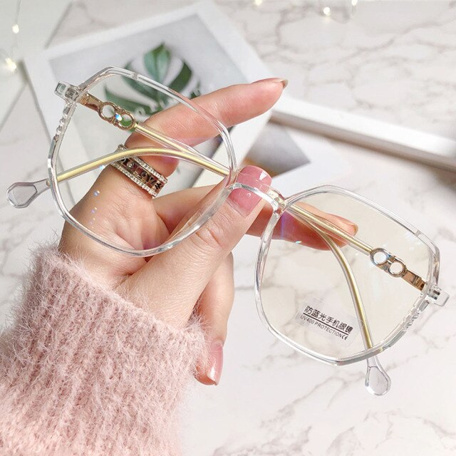 Metal Myopia Glasses Women&men Big Frame Polygon Myopia Glasses Anti-blue Light Eyeglasses Student Shortsight Eyewear: Transparent