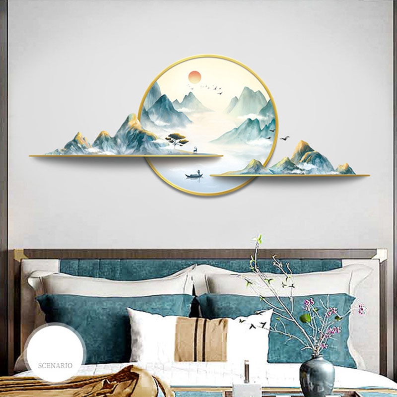 Chinese style Wall art Stickers Decorative Painting Wallpaper Living Room Background Mountain Landscape Scenery Decals