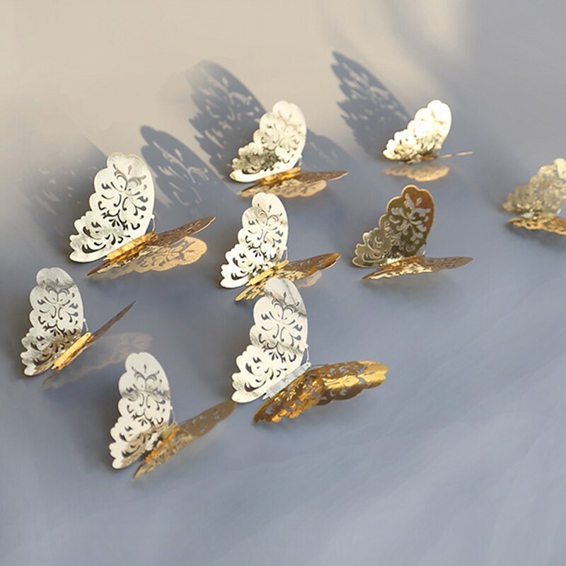 12 stuks 3d vlinderbehang voor bruiloftsdecoratie, woonkamerraamdecoratie, huisdecoratie, gouden zilveren vlinderstickers