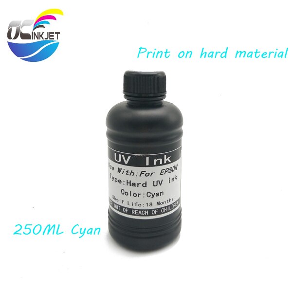 OCINKJET-tinta UV para cabezal de impresión Duro y suave, 250ml, para Epson 1390, 1400, 1410, 1430 W, R280, R290, R330, L800, L180, DX4, DX5, DX6, DX7: Cyan(Hard)