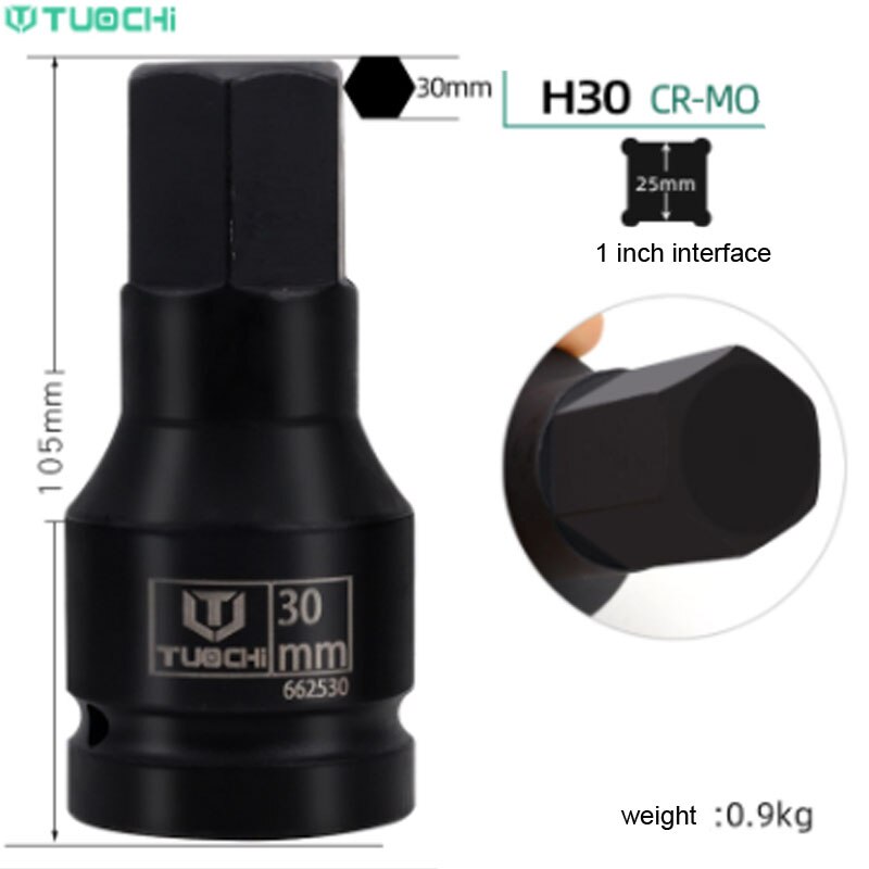 1PCS 1 inch Drive Impact Bit Socket CR-MO Heavy Hex Socket Bit Adapter 105mm Lenght Allen Key Wrench Head Pneumatic Socket Set: H30