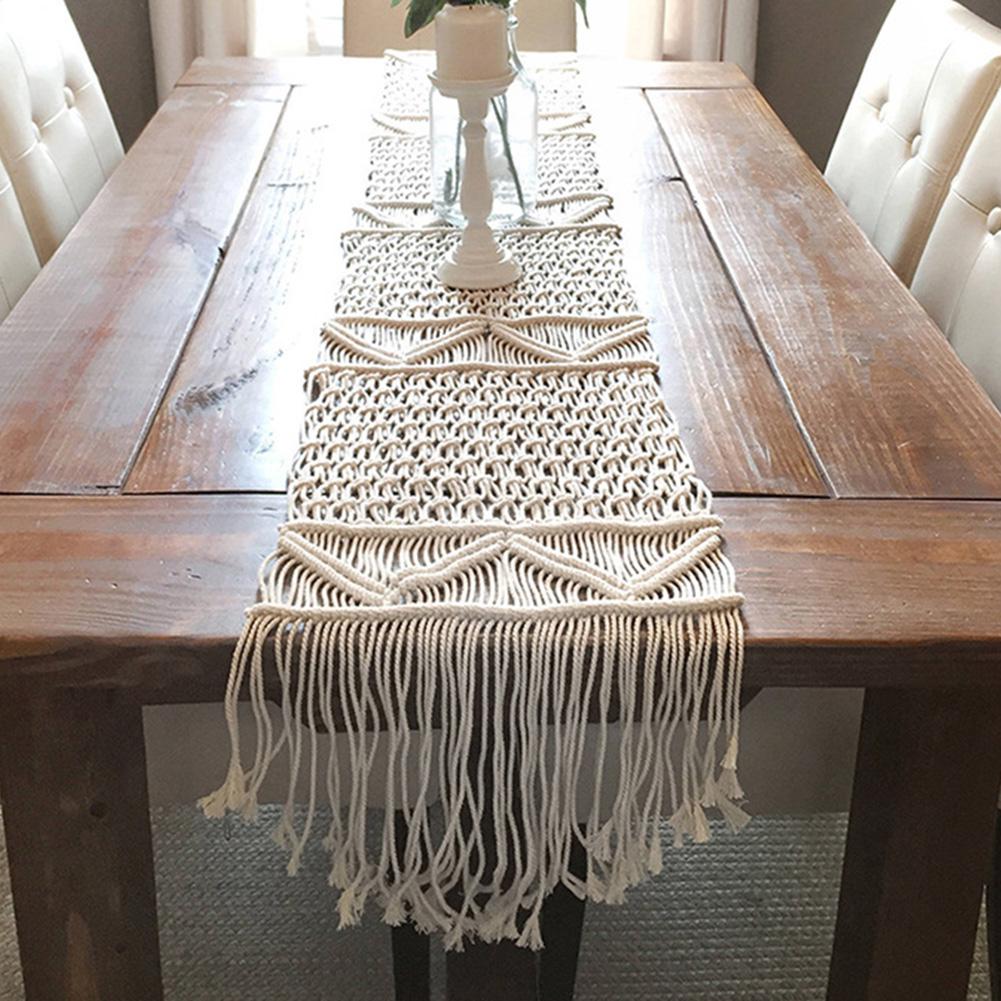 Bohemian Table Runner Handmade Table Bed Tapestry Hand-woven Macrame Table Runner With Tassels Wedding Party Home Decoration: 218x33cm