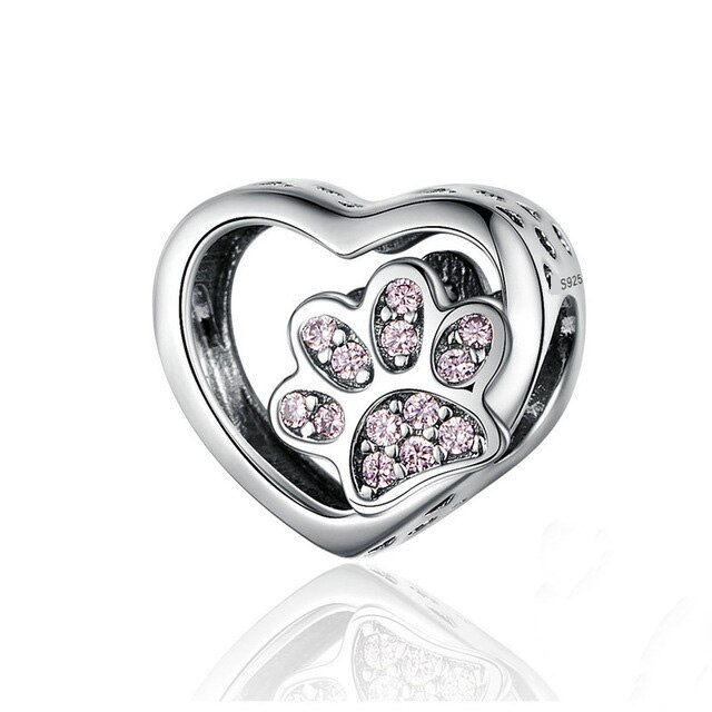 Colgante de Plata de Ley 925 con forma de corazón pata de perro, Rosa cuentas finas de esmalte, apto para Pulsera Original de 3mm, joyería 925: B152 fen