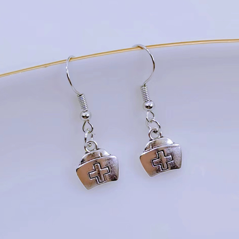 Charm enamel earrings syringe nurse cap stethoscope doctor nurse decoration earrings doctor nurse earring: Antique Copper Plated