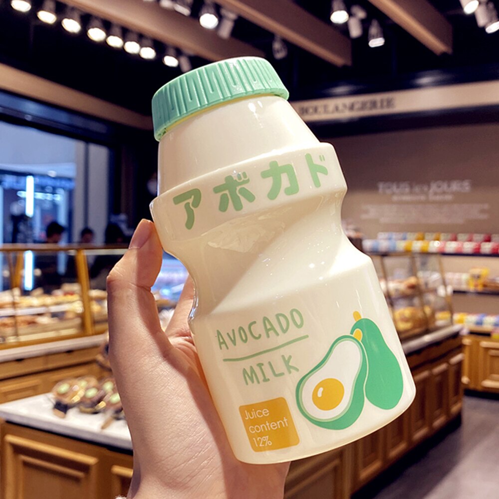 Plastic Water Bottle Tour Drinking Bottle lanyard Yakult Shape Cute Kawaii Milk Carton Shaker Bottle for Kids/Adult: Avocado 02