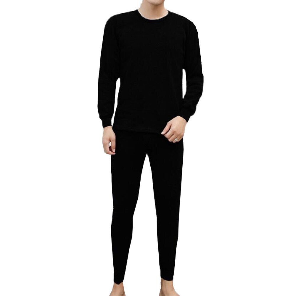 men Winter Thermal Underwear Suit Pure Color Warm Clothing Set long johns d91030: Black / L