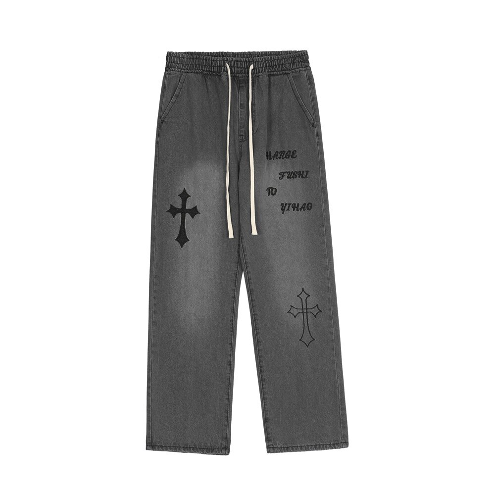 Pantalones vaqueros con bordado de letras cruzadas para hombre, pantalón informal desgastado de cintura elástica a la , ropa de calle, pantalones sueltos de pierna recta: XXL
