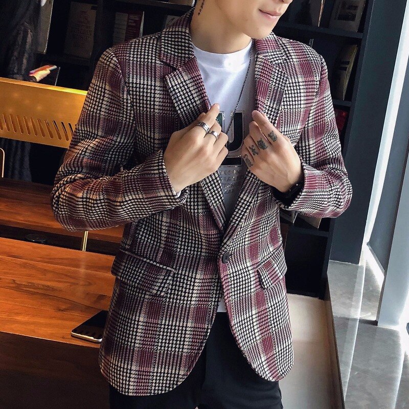 Business casual höst kavaj maskulino röd grå lapptäcke tweed blazer herr slim fit snygg rutig kavaj homem terno masculino