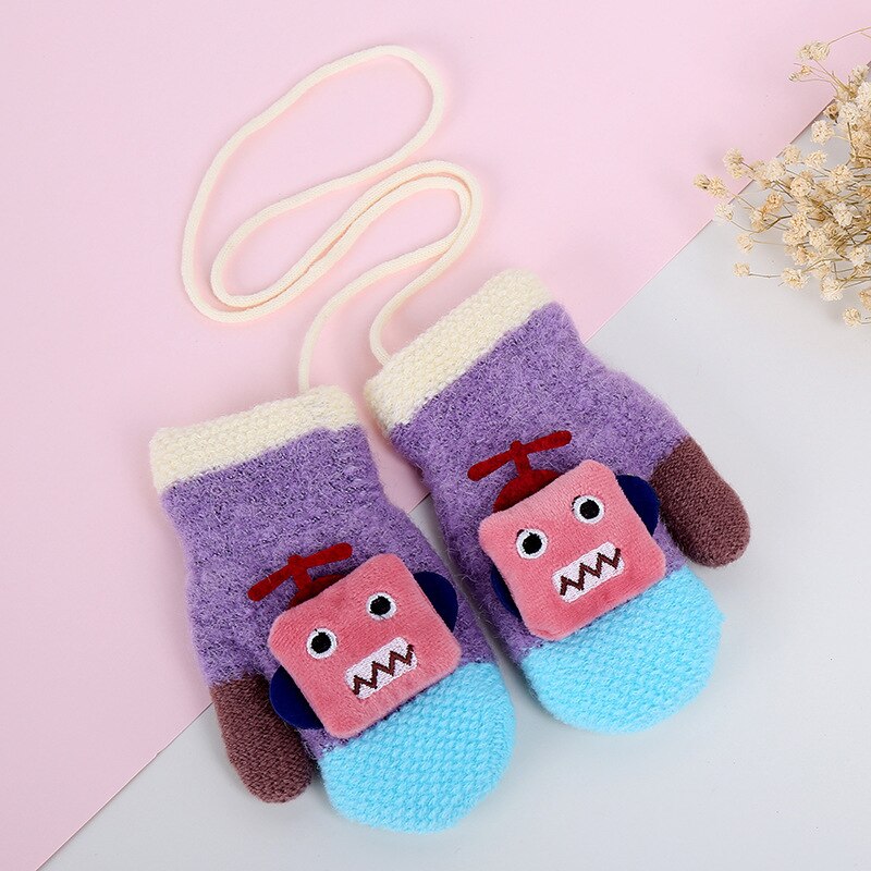 Wecute-gants en laine pour bébé | Mignons gants Robot de dessin animé, Plus gants de doigts à corde épaisse, gants chauds tricotés pour enfants garçons et filles: VIOLET