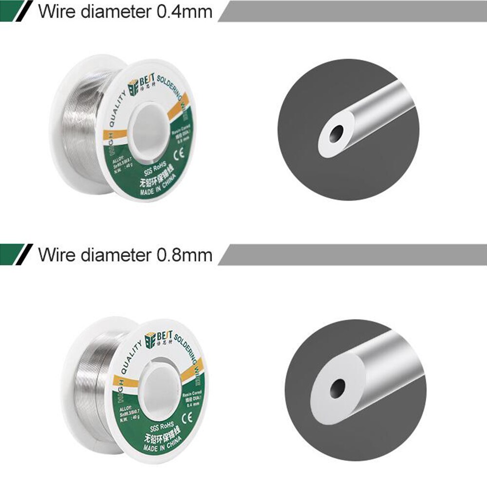 Alambre de soldadura sin plomo, 40g, 2.0% colofonia Core Sn99.3/Bi0.7 0,4/0,8mm, carrete de alambre de soldadura para herramientas de soldadura electrónica
