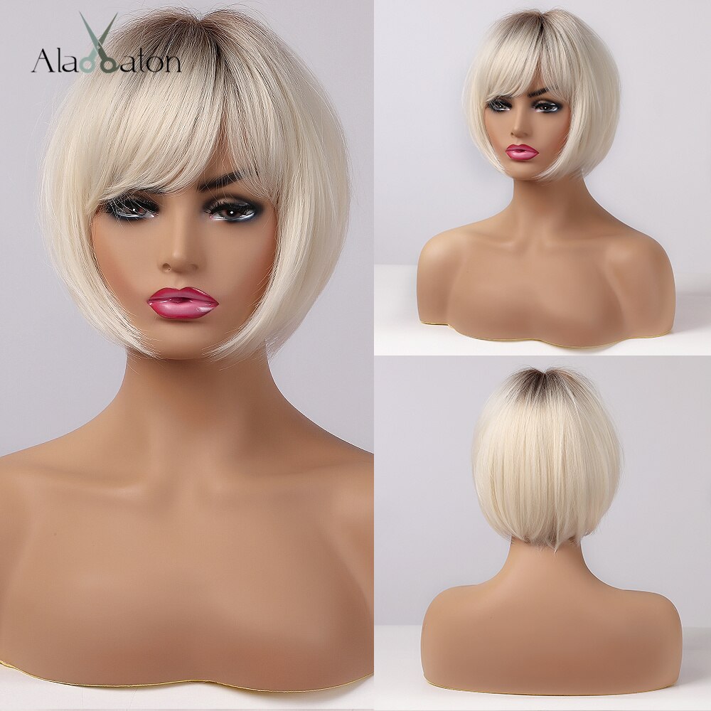 ALAN EATON Short Straight Ombre Black Brown Synthetic Wigs with Bangs for Women Bob Wig Heat Resistant Lolita Cosplay wig 12inc: ss171-2