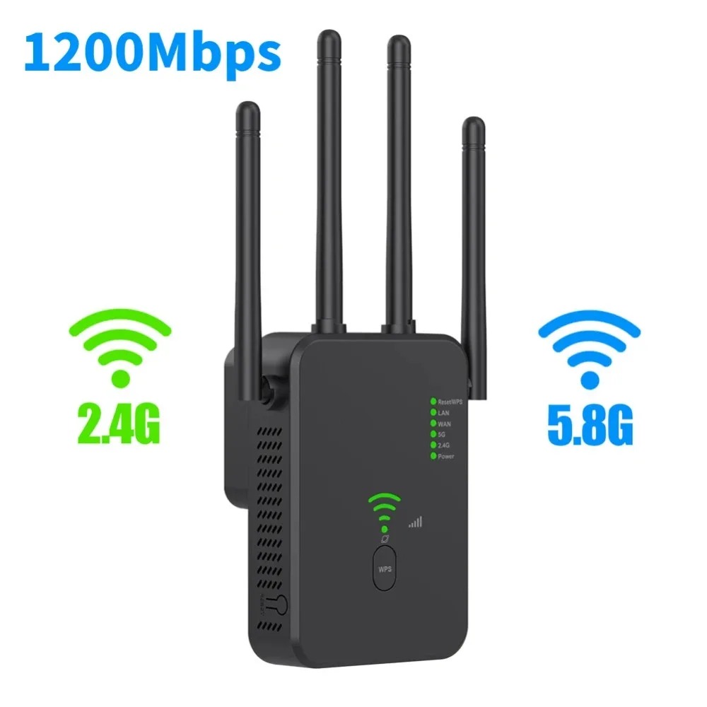 1200m wireless wifi repeater wifi extender long range wi-fi signal repeater dual-band 2,4g 5,8g high gain amplifier wps router: Black / Au plug
