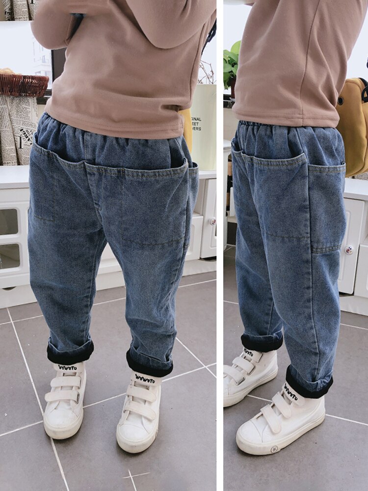 Lasten farkut housut talvi lasten plus sametti paksut vapaa-ajan housut pojat tytöt kiinteät isot taskufarkut denim housut