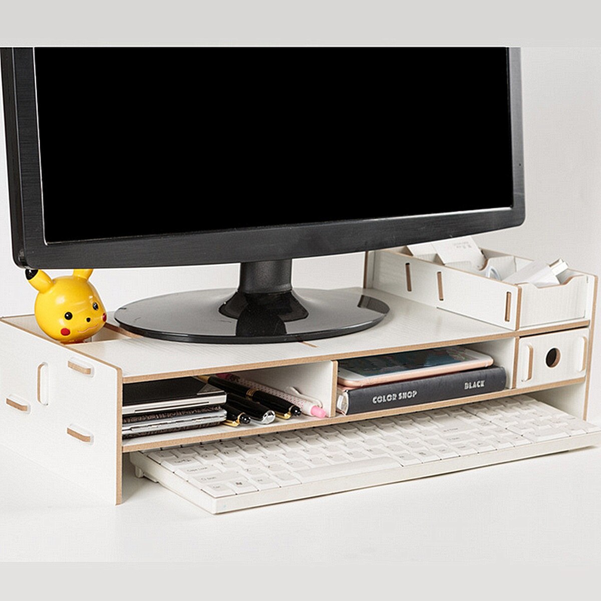 19 Inch Wooden Monitor Holders Bracket Stand Desktop Storage Shelf Laptop Stand Computer Screen Rack Desk PC Riser Organizer: white