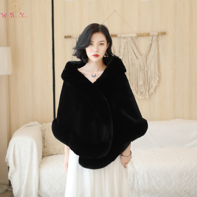 Veste de soirée en fausse fourrure pour femme, couleur noir/rouge vin, cape de mariage, hiver 2022, enveloppes boléro, châles d&#39;hiver en Stock