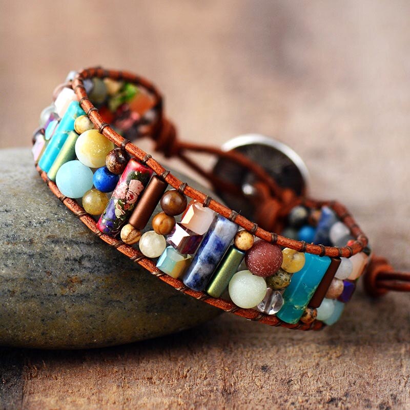 Women Boho Bracelets Natural Stone Single Leather Wrap Bracelet Semi Precious Stone Beaded Woven Cuff Bracelet