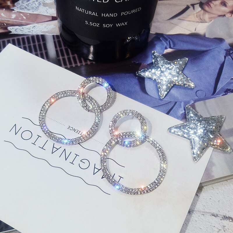 Annular Round Hoop Woman Earrings Double ring Rhinestone Office career Shining Korean Earrings Jewellery: Silver Plated