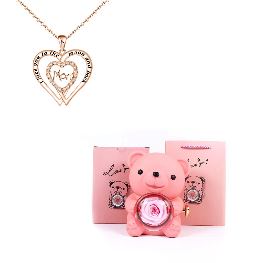 Collares con colgante de mamá de circón en forma de corazón con caja de de flor rosa de oso bonito adecuada para Navidad Día de la madre sorpresa romántica: De arma