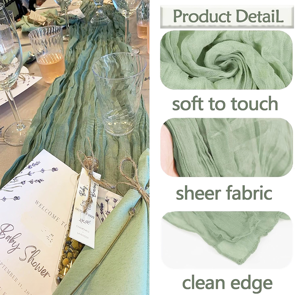 Salviagrön ostduk bordslöpare rustik boho gasväv blå rosa bordslöpare bröllop babyshower födelsedagsfest heminredning