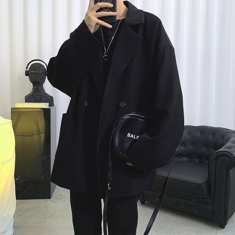 Blazer Men's Solid Color Business Casual Dress Jacket Men Society Streetwear Wild Loose Korean Suit Jacket Mens M-2XL: black / XL