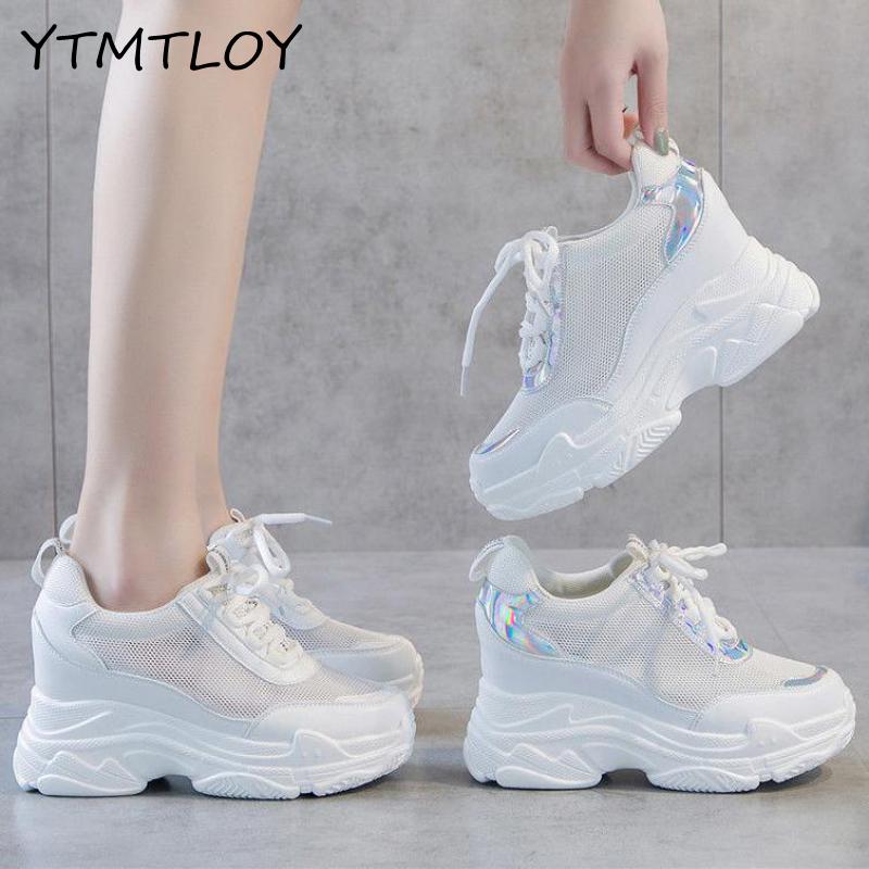 Women Wedge Platform Rubber Brogue Lace Up High heel Shoes Increasing White Silver Sneakers Zapatos De Mujer Plataforma