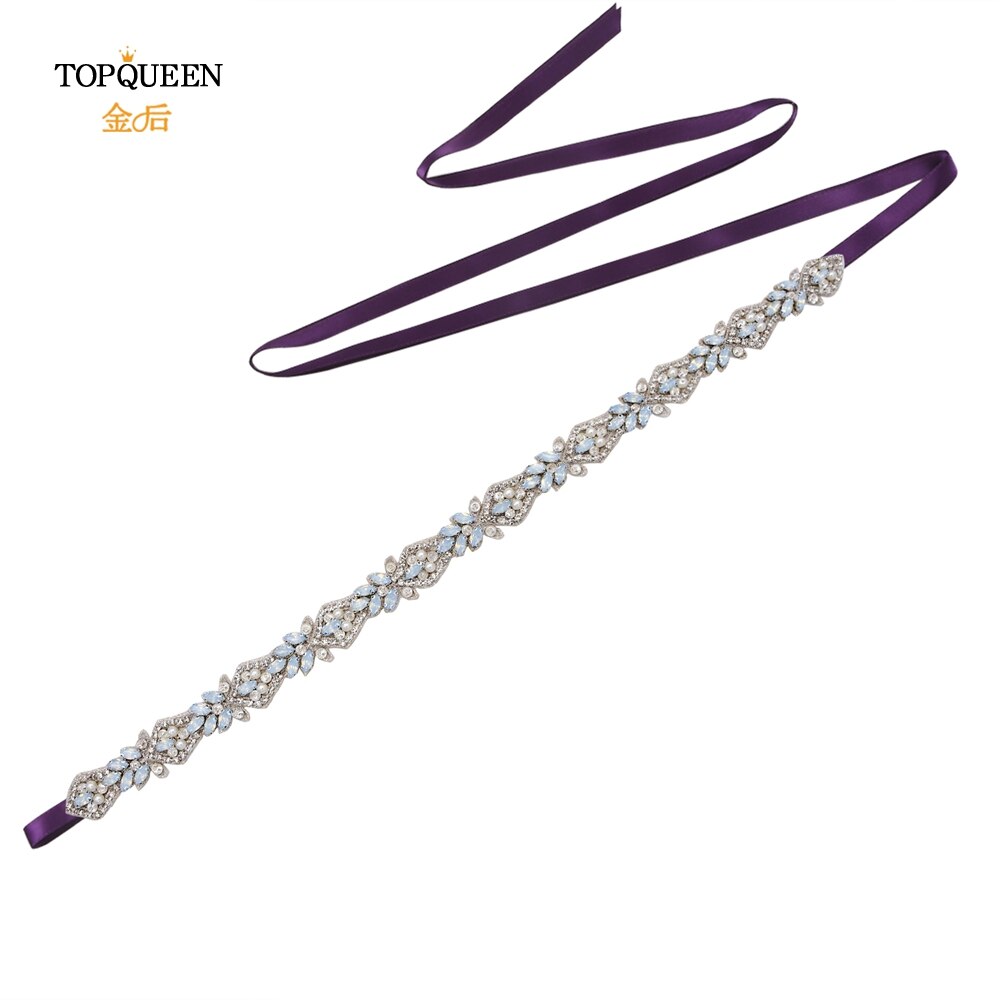 TOPQUEEN-cinturones de novia S485, apliques de cristal de para cinturones de novia, cinturón para vestido de bodas con diamantes de imitación, Ópalo: purple ribbon