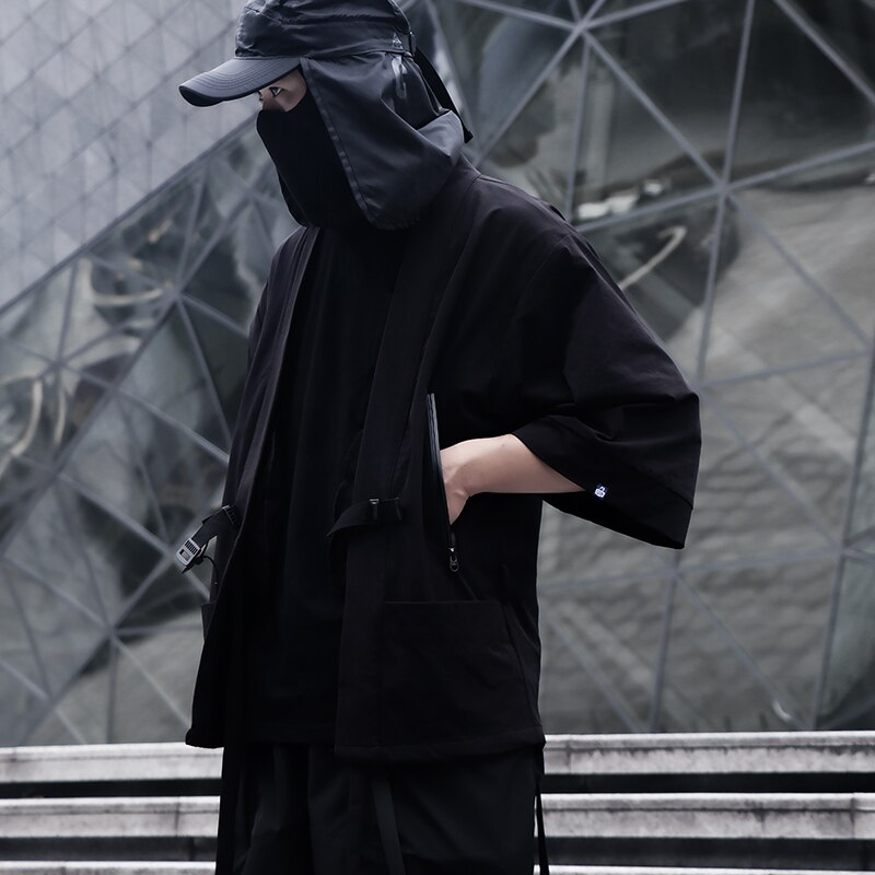 Kimono-takki kaksinkertainen etutasku techwear noragi whrs ninjawear tummat vaatteet japanilainen tyyli futuristinen esteettinen