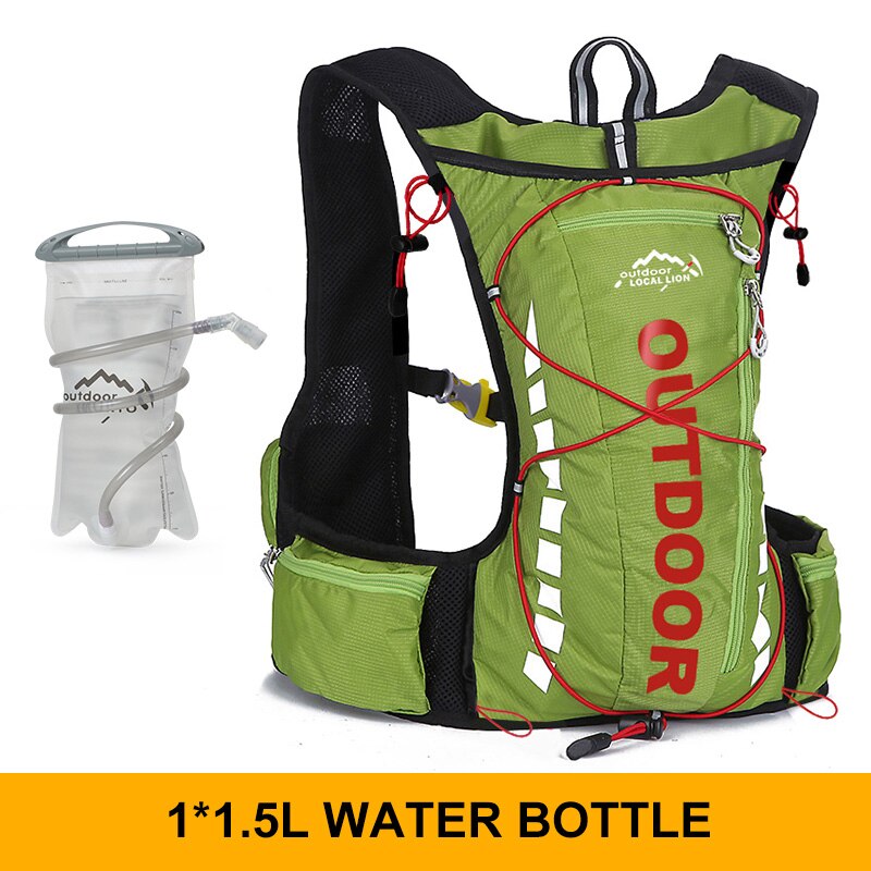 Cycling backpack for men and women, nylon bag, waterproof 8 liters, hiking and camping, 250ml water bottle with 1.5L water bag: green 1.5L