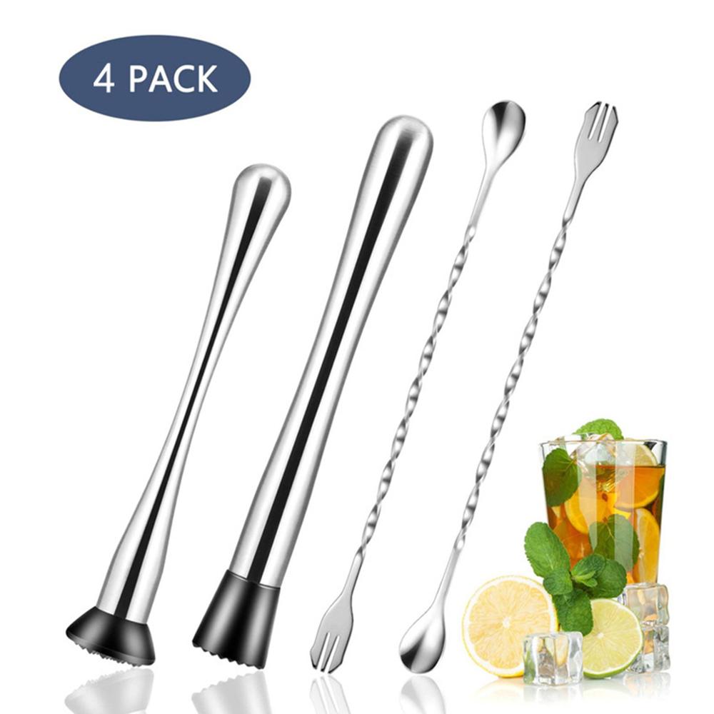 4PC Cocktail Kit Cocktail Spoon Stainless Steel Cocktail Muddler And Mixing Spoon Home Bar Tools Bartender Set Cocktail Muddler: Default Title