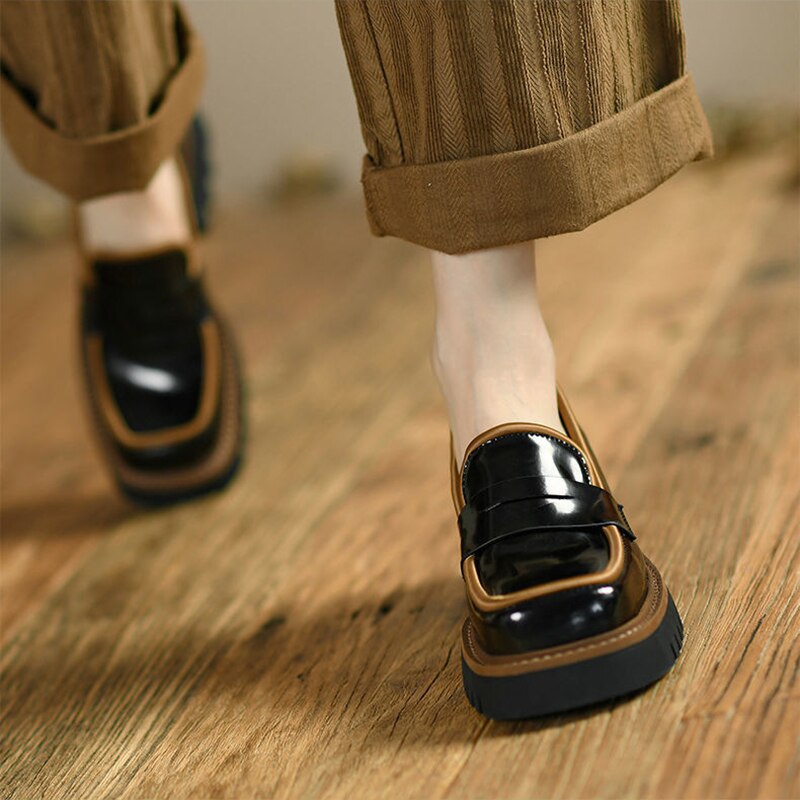 Mocasines de para mujer, zapatos de tacón alto sin cordones, con punta cuadrada Retro, con plataforma, talla 35-40, 2022