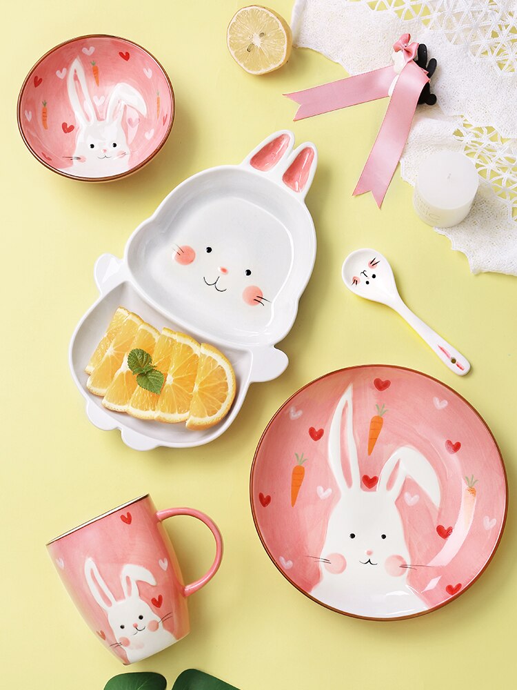 Cute cartoon ceramic tableware Kids Dinner Plate Toddler Feeding Dishes Snack dish Children Training Bowl Spoon Fork