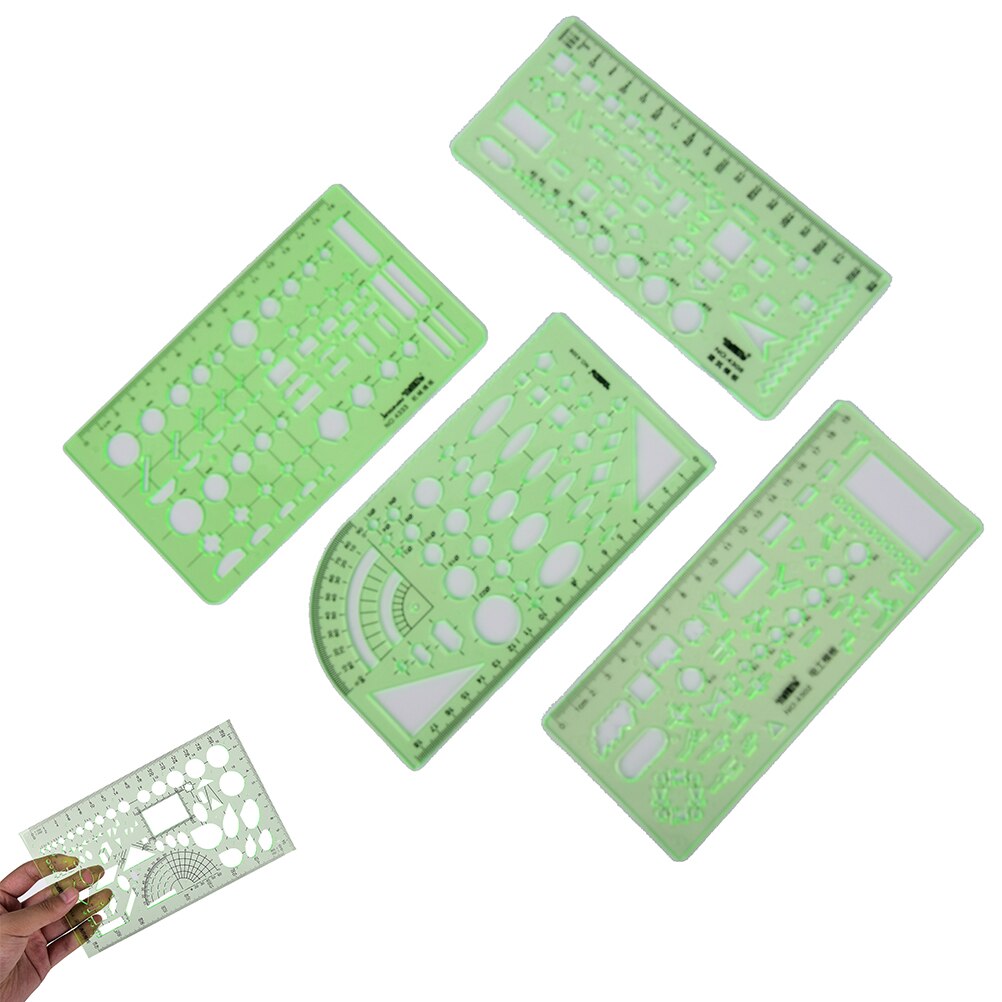 Regla de herramientas de medición de papelería de laboratorio de plástico verde, regla de diez tipos de plantillas, regla de geometría, regla de plantilla de dibujo, suministros escolares 1 unidad