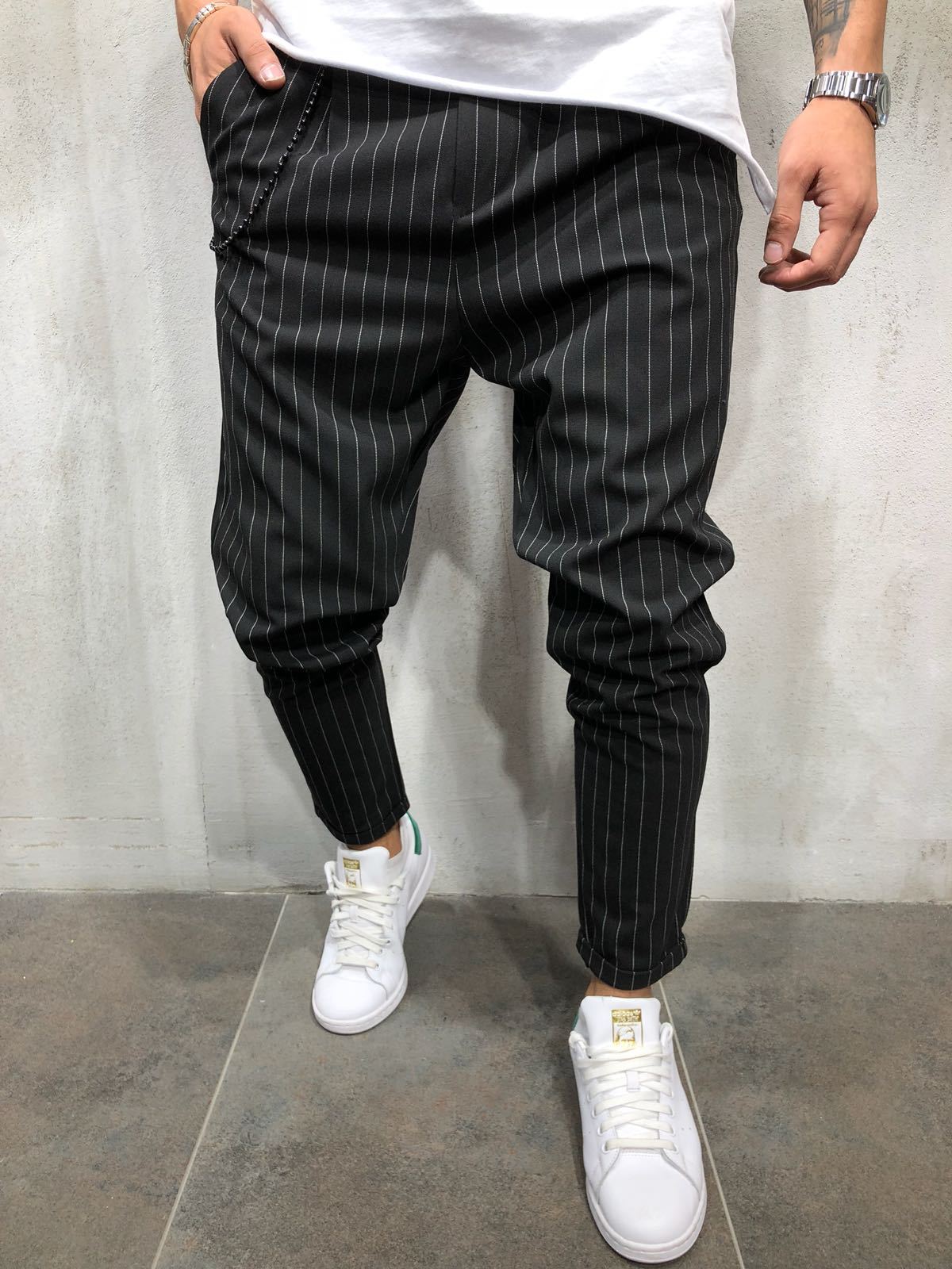 Herrbyxor stretch joggingbyxor smala raka ben rutiga kostymbyxor man solid casual hatt byxor kläder: Svart / M